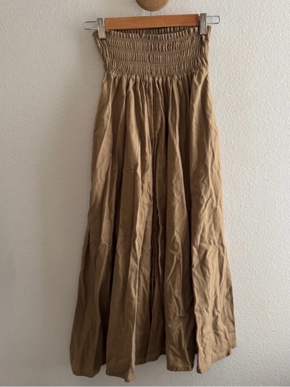 Smocked Waist Midi Skirt in Tan